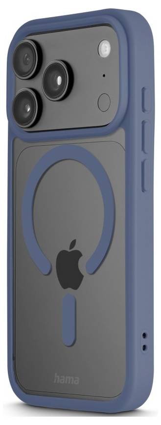 Blaue Smartphone-Hülle mit erhöhtem Kameraausschnitt und kreisförmigem MagSafe-ähnlichem Ring um einen Apple-Logo-Ausschnitt.