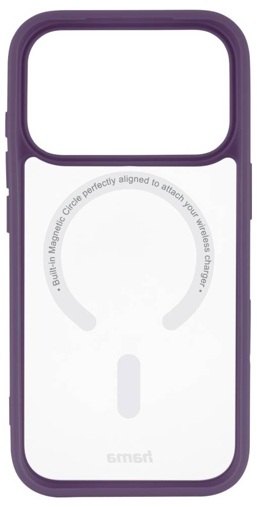 Violettes Handyhülle mit integriertem MagSafe-Kreis und vertikaler Ausrichtungsmarkierung, die eine Aussparung zum Anbringen eines kabellosen Ladegeräts zeigt.