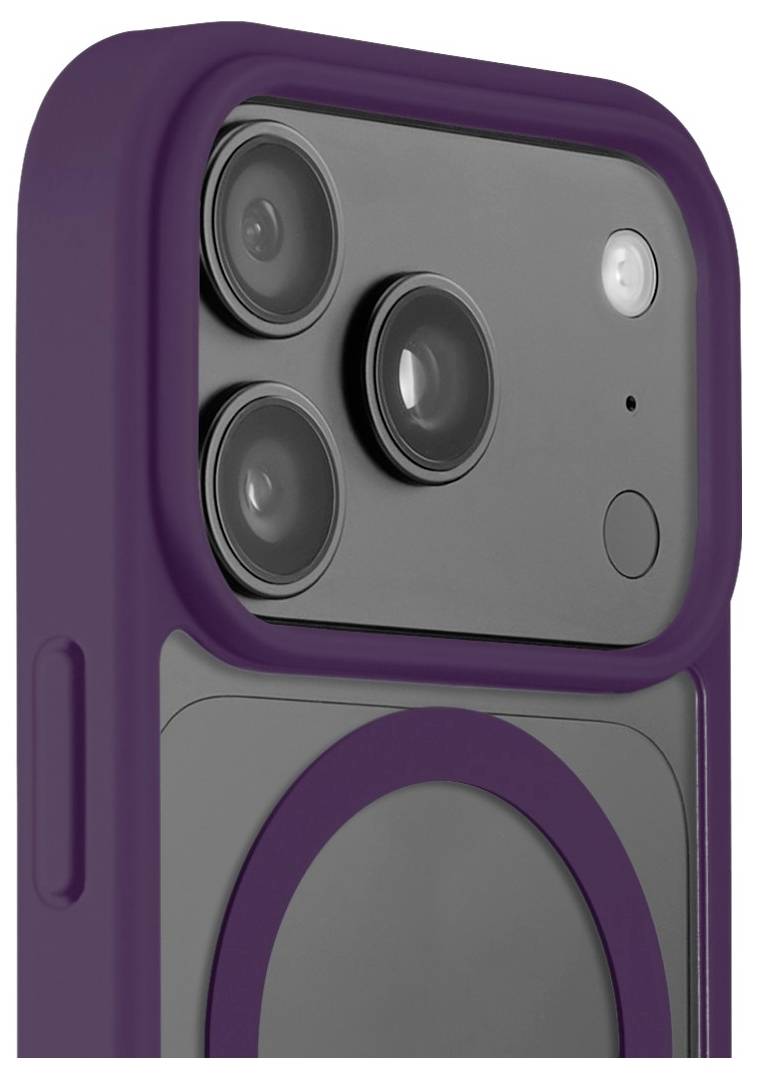 Nahaufnahme eines violetten Smartphone-Schutzhülle mit erhabener Kameraaussparung und drei sichtbaren rückwärtigen Kameraobjektiven.