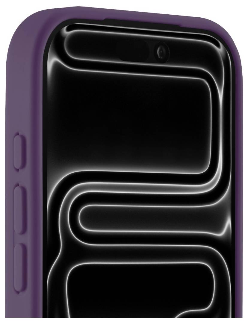 Nahaufnahme eines violetten Smartphones, das von der Seite gezeigt wird, mit einem schwarzen Bildschirm, auf dem leuchtend weiße konturähnliche Linien angezeigt werden.