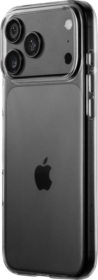 Schwarzes iPhone in einer durchsichtigen Schutzhülle, von hinten gezeigt mit drei rückwärtigen Kameras und sichtbarem Apple-Logo.