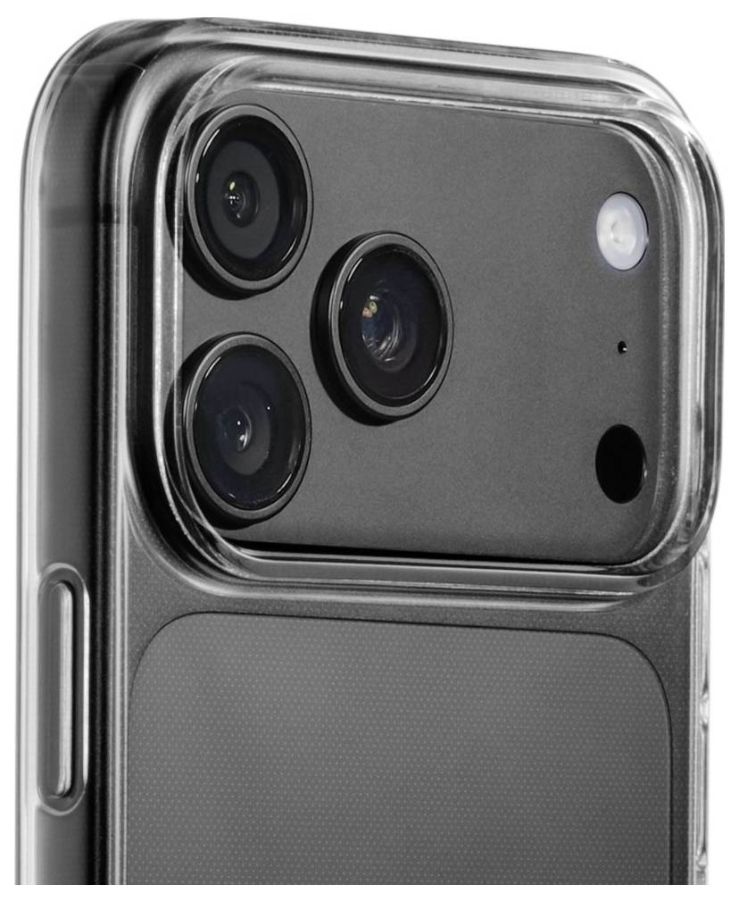 Nahaufnahme des Kameramoduls auf der Rückseite eines Smartphones mit drei Objektiven, Blitz und LiDAR-Sensor in einer Schutzhülle.