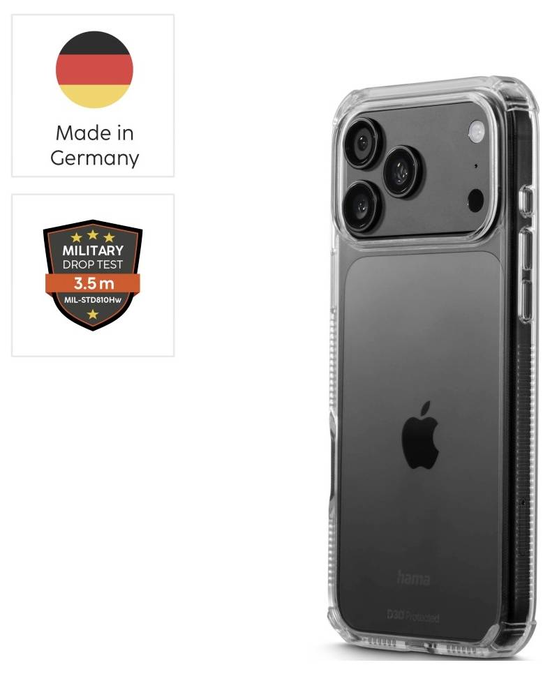 Transparente Schutzhülle auf einem iPhone, dargestellt mit Abzeichen „Made in Germany" und „Military Drop Test 3,5 m".