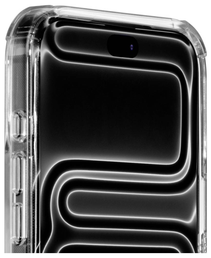 Schwarzes Smartphone in einer transparenten Schutzhülle gezeigt, Rückansicht mit zentriertem Kameraausschnitt.