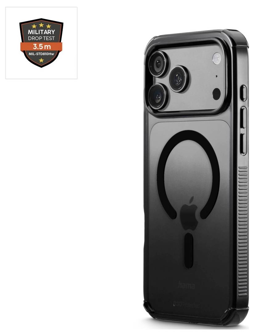 Schwarzes iPhone in einer transparenten Schutzhülle, mit einem Abzeichen „Military Drop Test 3,5 m" dargestellt, das Schutz vor Stößen anzeigt.