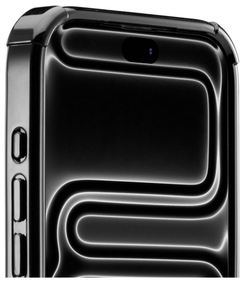 Nahaufnahme einer glänzend schwarzen Smartphone-Ecke mit Kameraausschnitt und Seitentasten, die abstrakte, geschwungene neonähnliche Lichtreflexionen zeigt.