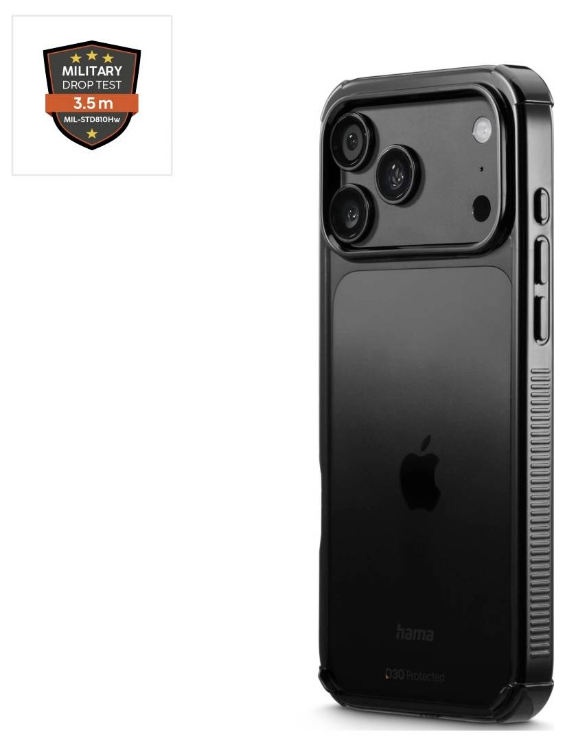 Schwarze iPhone-Hülle mit erhöhtem Kamerasc​hutz, gezeigt mit einem „Military Drop Test 3,5 m"-Abzeichen.