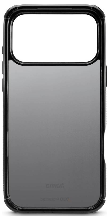 Schwarze robuste Handyhülle mit großem transparentem Oberfenster und grauem Rückenpanel, Vorderansicht gezeigt.