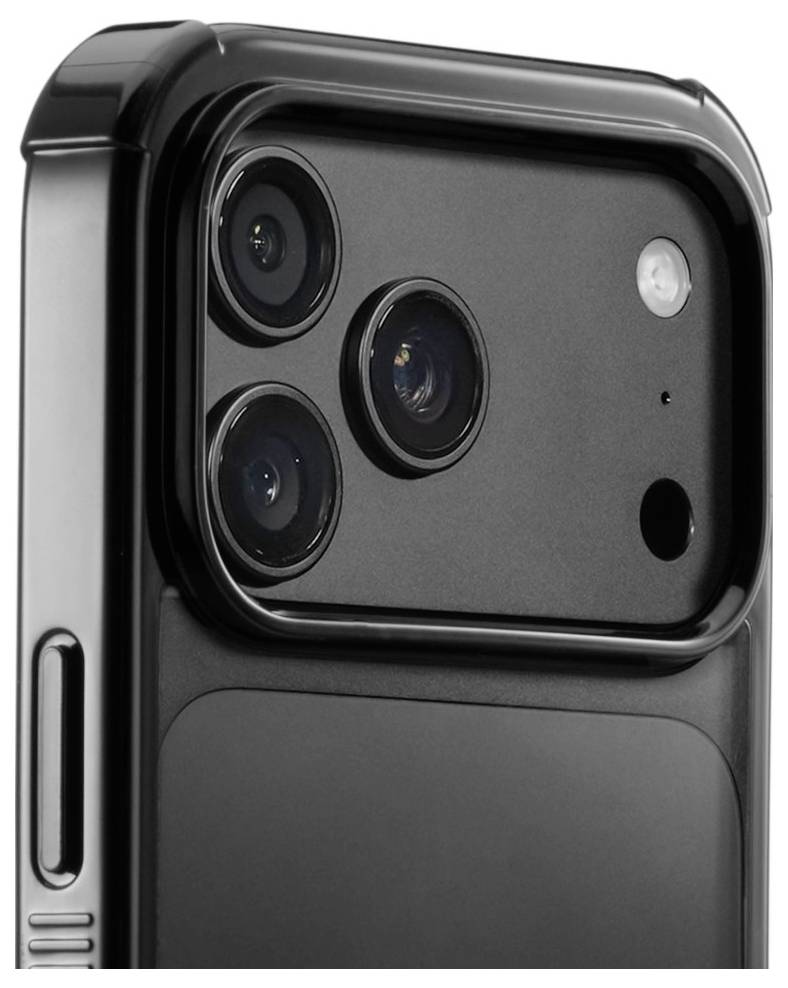 Nahaufnahme des hinteren Kameramoduls eines schwarzen Smartphones mit drei Objektiven, Blitz und LiDAR-Sensor auf einer erhobenen quadratischen Erhebung.