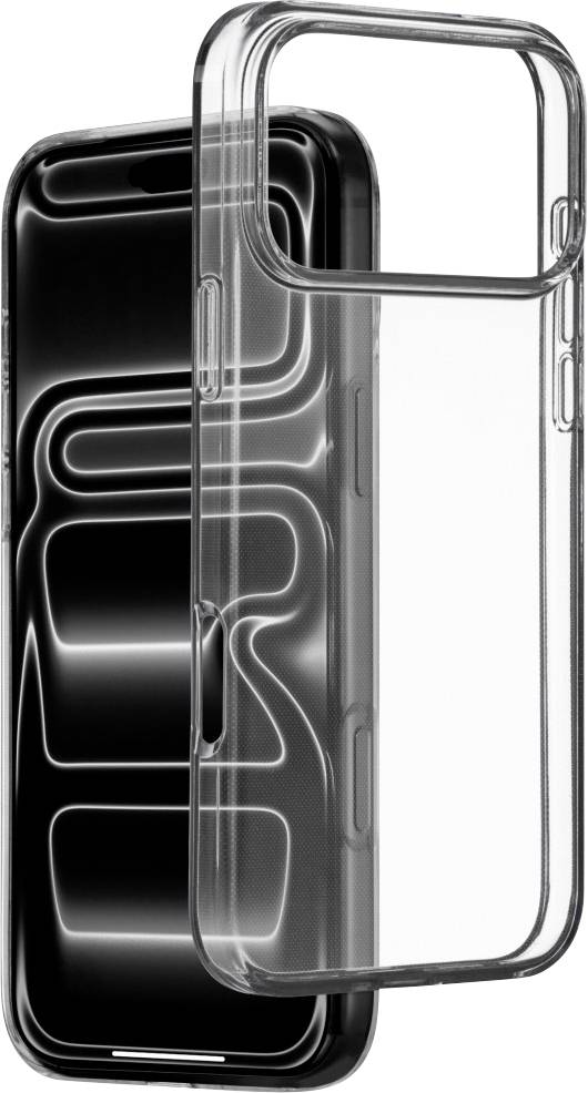 Transparente Smartphone-Hülle über einem schwarzen Telefon, wobei die schlanke Passform und die Aussparungen für die Tasten der Hülle hervorgehoben werden