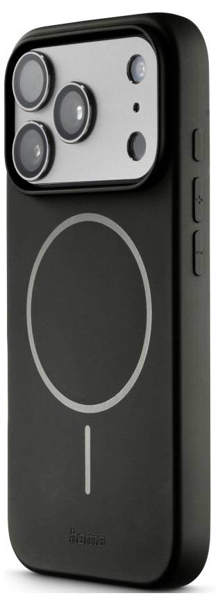 Schwarze Smartphone-Hülle mit integriertem MagSafe-ähnlichem Ring und Kameraausschnitt, in Dreiviertelsicht auf weißem Hintergrund dargestellt.