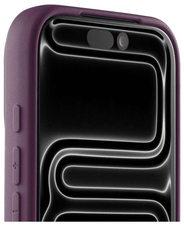 Nahaufnahme eines Smartphones in einer violetten Schutzhülle, die die obere Vorderseite mit Doppelkamera/Sensoren und einem schwarzen abstrakten Bildschirmmuster zeigt.