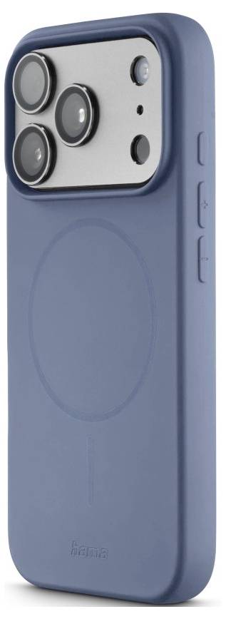 Blaue Smartphone-Hülle mit integriertem rundem MagSafe-ähnlichem Ring und erhöhtem Dreifach-Kameraausschnitt auf der Rückseite.