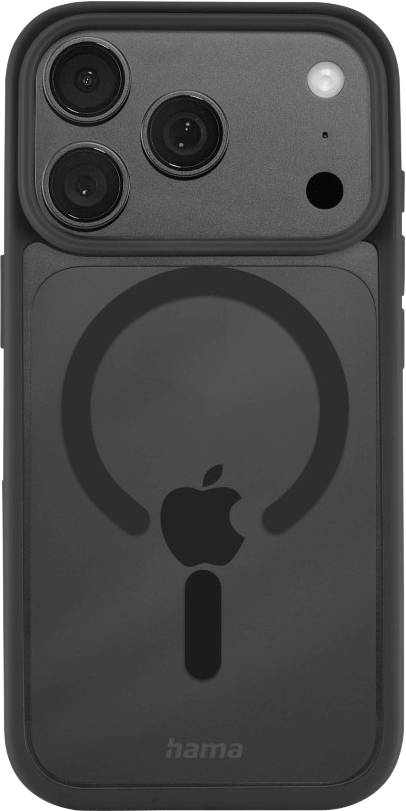 Dunkelgraues iPhone-Gehäuse mit drei Aussparungen für die rückwärtigen Kameras und einem zentrierten MagSafe-Ring um das Apple-Logo.