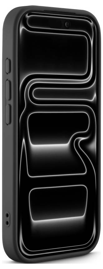 Schwarzes Smartphone in Seitenansicht, mit glänzendem abstraktem wellenlöschigem Display-Design und drei Seitentasten.
