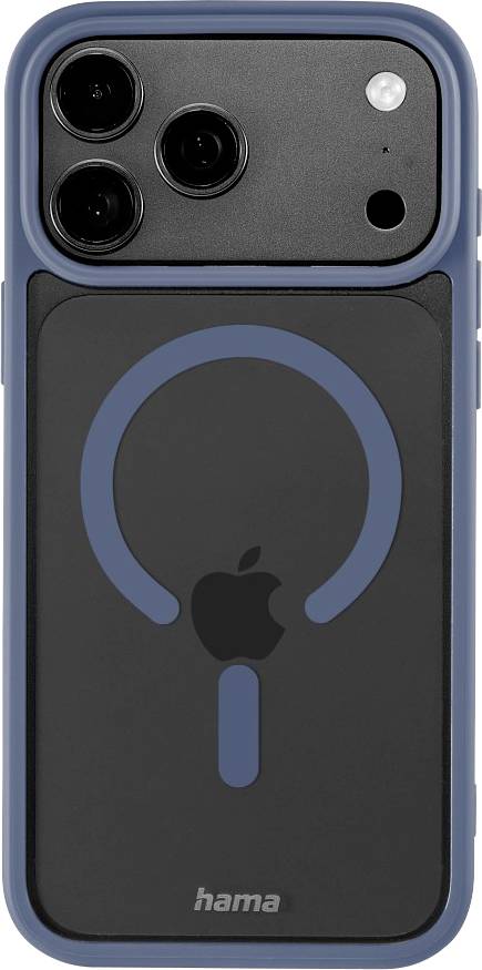 Rückansicht eines blauen iPhone-ähnlichen Handyhüllen-Designs mit MagSafe-ähnlichem Laderingund Hama-Logo, mit Aussparungen für die Kamera und einer weißen Tastenaussparung.