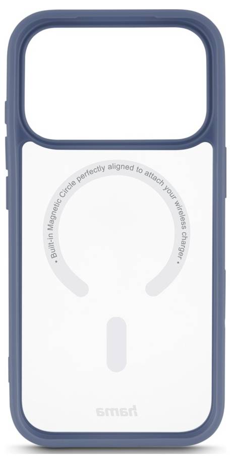 Blau-weißes Handycover mit integriertem magnetischem kreisförmigem kabellosen Ladring und vertikaler Ausrichtungsmarkierung auf der Rückseite.
