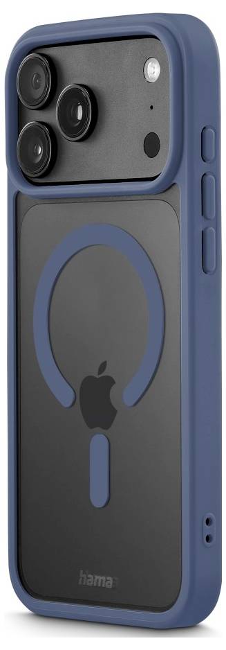Blaue Schutzhulle für Smartphone mit integriertem MagSafe-ähnlichem Ringmagnet und Apple-Logo-Aussparung, von hinten in Schrägansicht dargestellt.