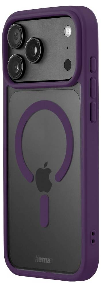 Rückansicht eines lila iPhone-Schutzkastens mit einem kreisförmigen MagSafe-Ring und großem Kameraausschnitt, der das Apple-Logo durch die durchsichtige Rückseite zeigt.