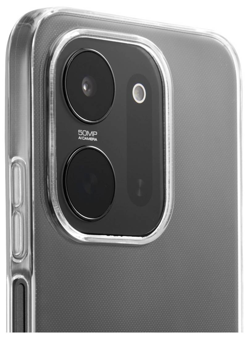 Nahaufnahme des hinteren Kameramoduls eines Smartphones mit zwei Linsen, Blitz und dem Text „50MP AI CAMERA" auf einem grauen Gehäuse.