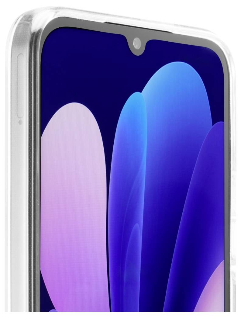 Nahaufnahme eines Smartphone-Displays mit einer tropfenförmigen Notch und abstraktem blau-lila Hintergrund.