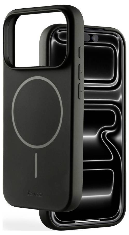 Schwarze Smartphone-Hülle mit großem Kameraausschnitt, ovalem MagSafe-ähnlichem Ring und erhabenen Seitenschaltflächen, gezeigt in Vorder- und Rückansicht.