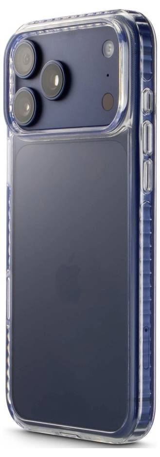 Transparente Schutzhülle auf einem Smartphone, die die Rückseite mit drei Kameraobjektiven und seitlichen Tasten zeigt.