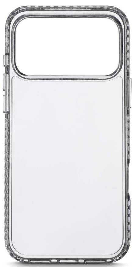 Transparente Smartphone-Hülle mit großem rechteckigem Ausschnitt für die Kamera und weißem Rückenpanel.