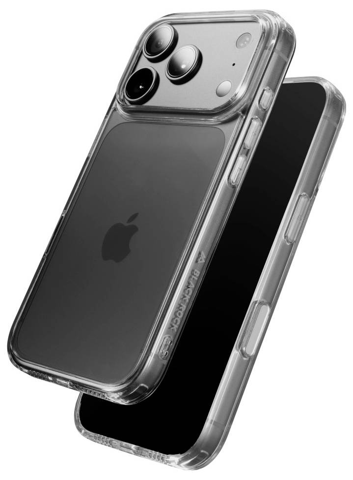 Zwei transparente Schutzhüllen für Smartphones auf einem iPhone, die die hintere Kameraausschnitt und das schlanke durchsichtige Design hervorheben.