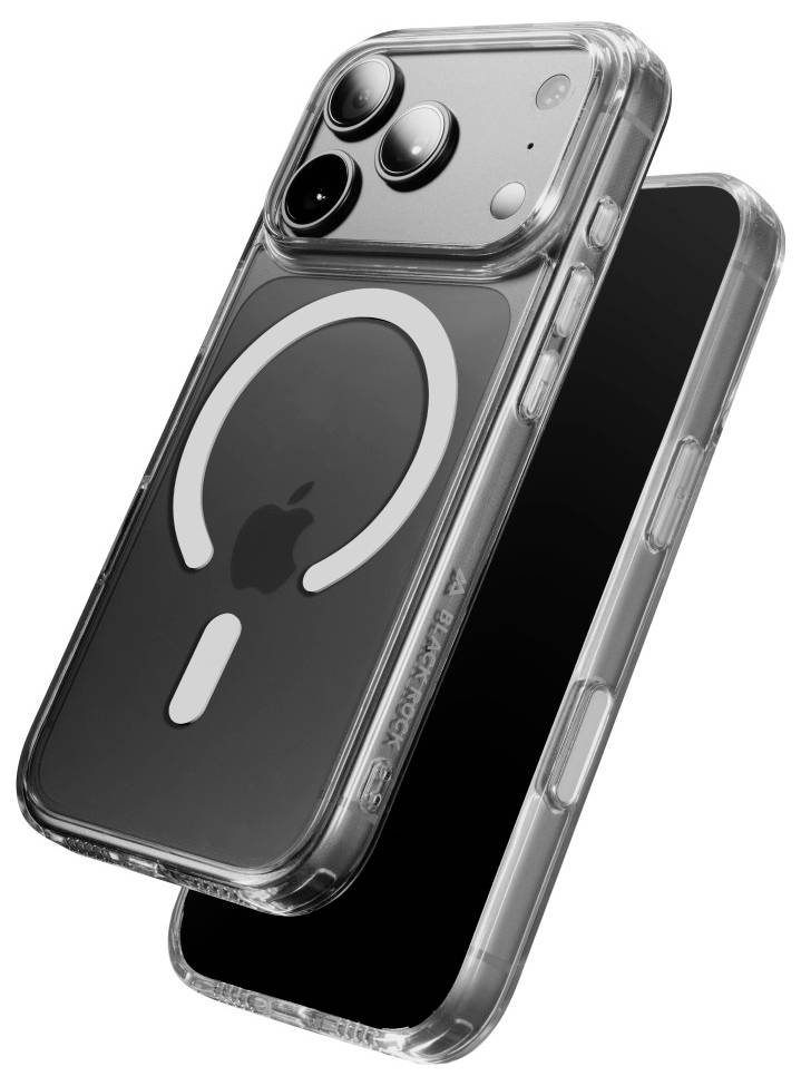 Zwei iPhones werden gezeigt, eines in einer durchsichtigen Schutzhülle mit MagSafe-Ring und Apple-Logo, schwebend über einem zweiten Telefon in einer passenden durchsichtigen Hülle.
