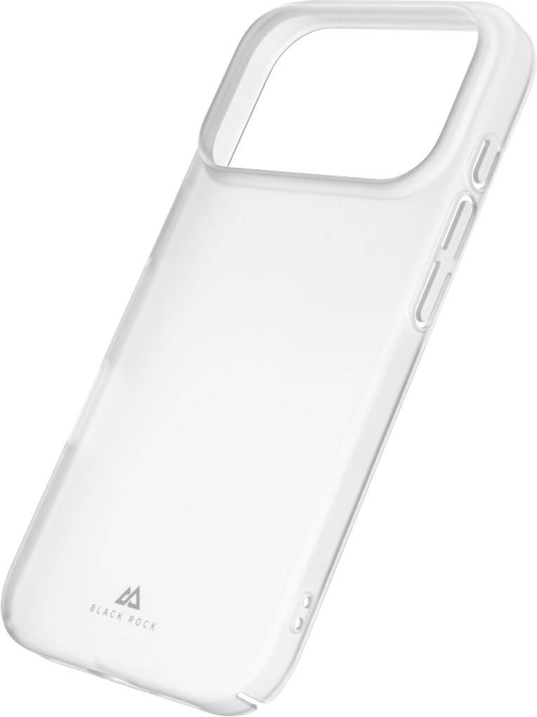 Transparente Schutzhülle für Smartphones mit großem Kameraausschnitt, Seitentasten-Abdeckungen und Black Rock Logo unten.