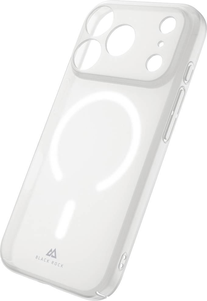 Transparente Smartphone-Hülle mit erhöhtem Kameraausschnitt und MagSafe-ähnlichem kreisförmigem Ring, in Weiß auf neutralem Hintergrund gezeigt.