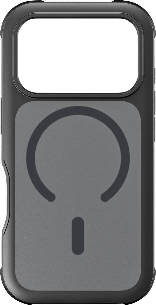 Schwarze Smartphone-Hülle mit integriertem kreisförmigen MagSafe-ähnlichen Ring auf der Rückseite.