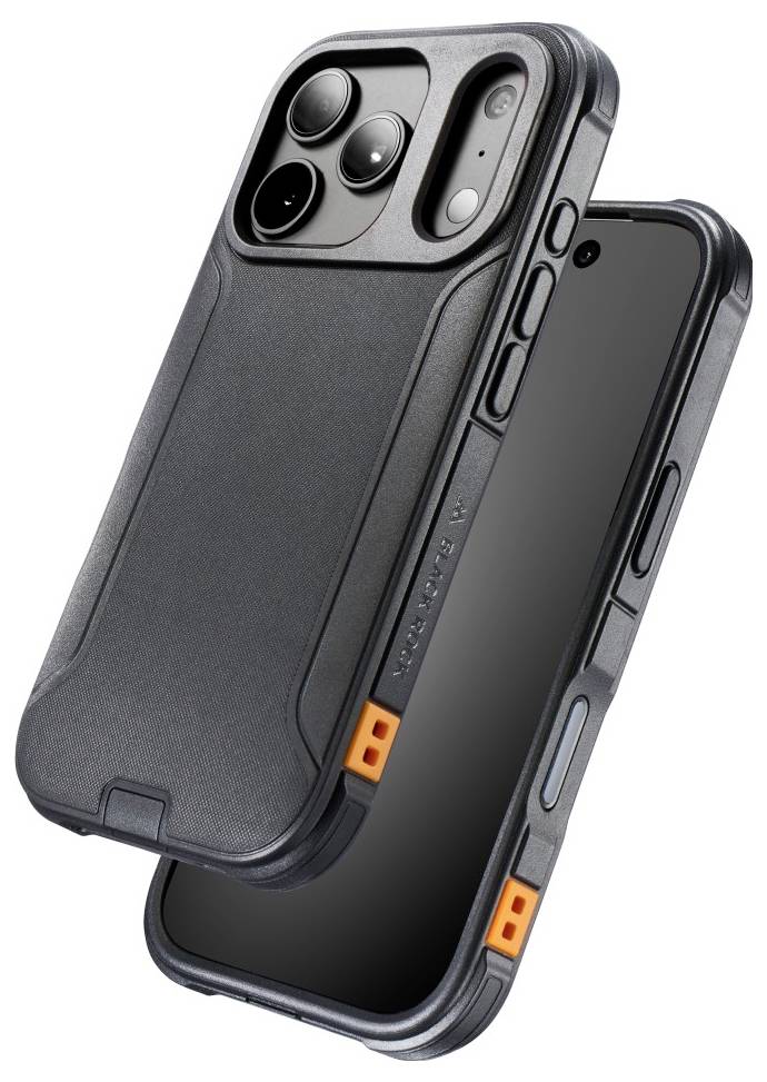 Zwei schwarze Smartphone-Hüllen, eine mit Aussparung für Dreifachkamera und Seitentastenabdeckungen, auf weißem Hintergrund angezeigt.