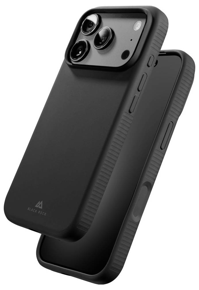 Schwarze Smartphone-Schutzhülle mit erhöhtem Kamerabuckel und seitlichen Tastenausschnitten, auf weißem Hintergrund dargestellt.