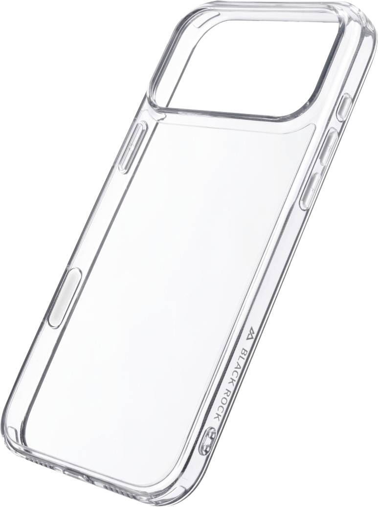 Transparente, durchsichtige Smartphone-Schutzhülle mit erhöhtem Kameaschutz und seitlichen Tasten-Aussparungen, gezeigt auf weißem Hintergrund.