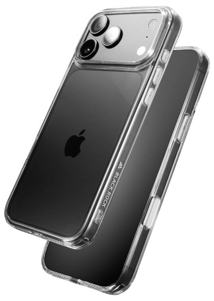 Zwei schwarze Smartphones in durchsichtigen Schutzhüllen, eines frontal ausgerichtet und eines dahinter im Winkel angebracht.