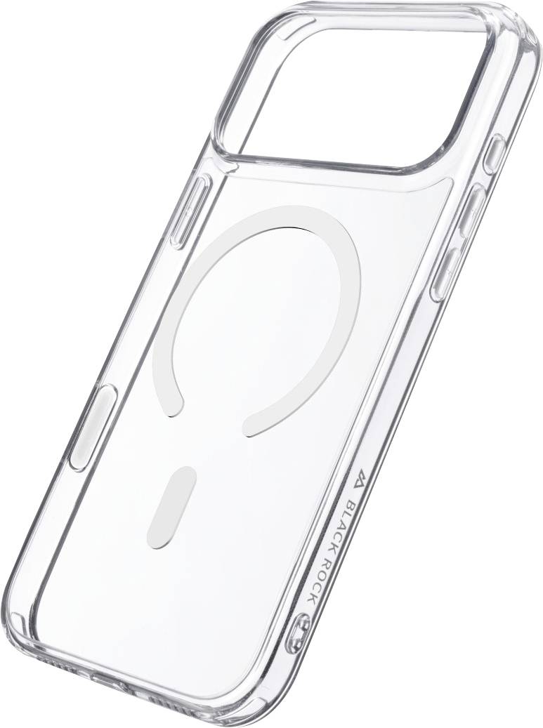Transparentes Handyhülle mit einem MagSafe-ähnlichen kreisförmigen Ring und einer Ausrichtungsmarkierung unten, gezeigt auf weißem Hintergrund.