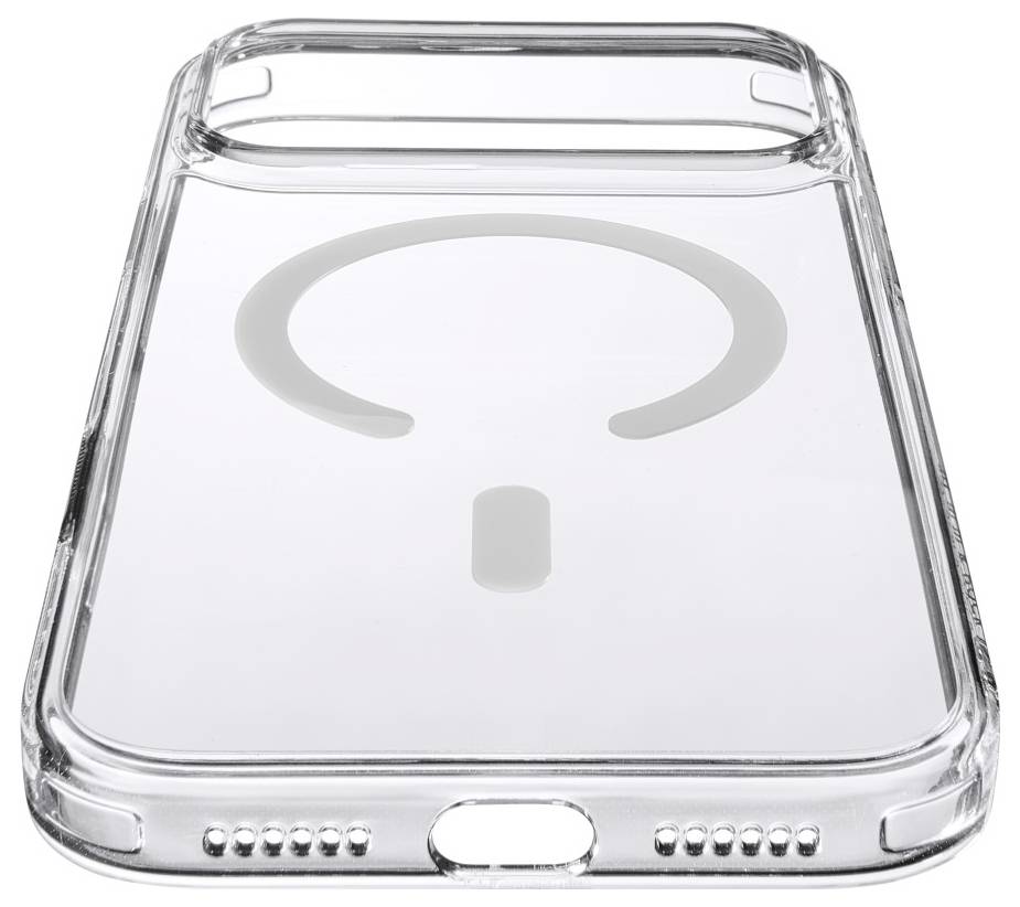 Durchsichtige Smartphone-Hülle mit einem großen grauen Fragezeichen auf der Rückseite, frontal vor weißem Hintergrund dargestellt.