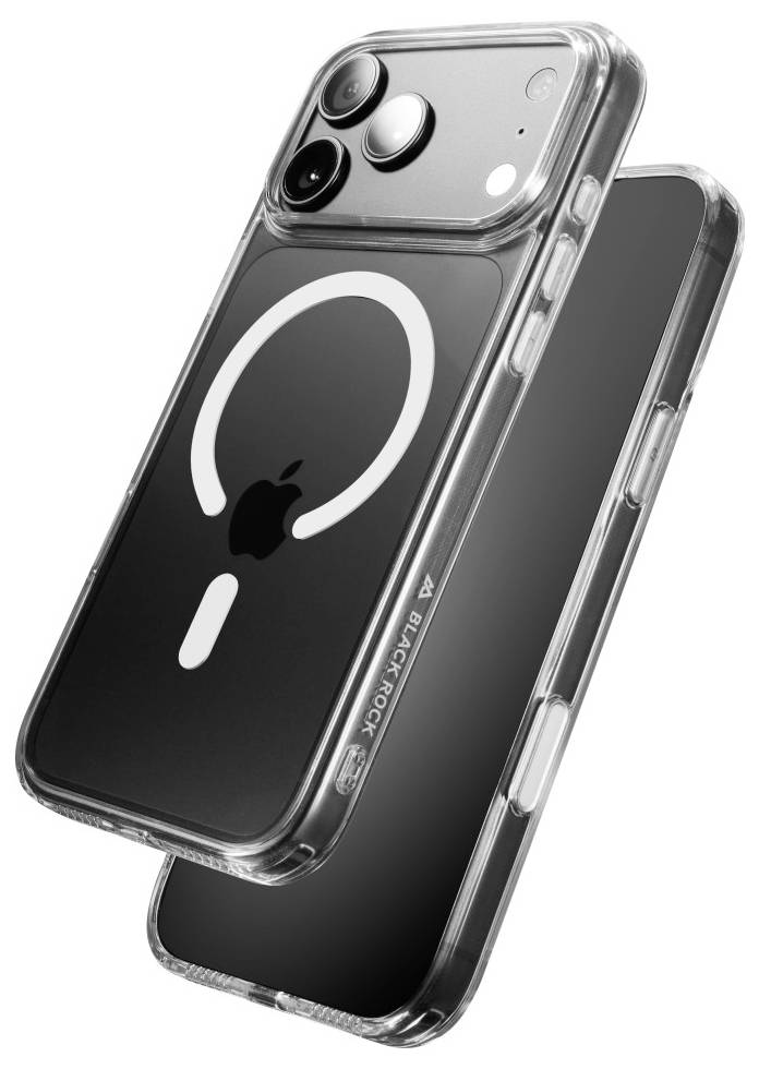 Zwei Smartphones in einer klaren Schutzhülle dargestellt, eines von vorne und eines von hinten, mit einem schwarzen Ring im MagSafe-Stil auf der Rückseite.