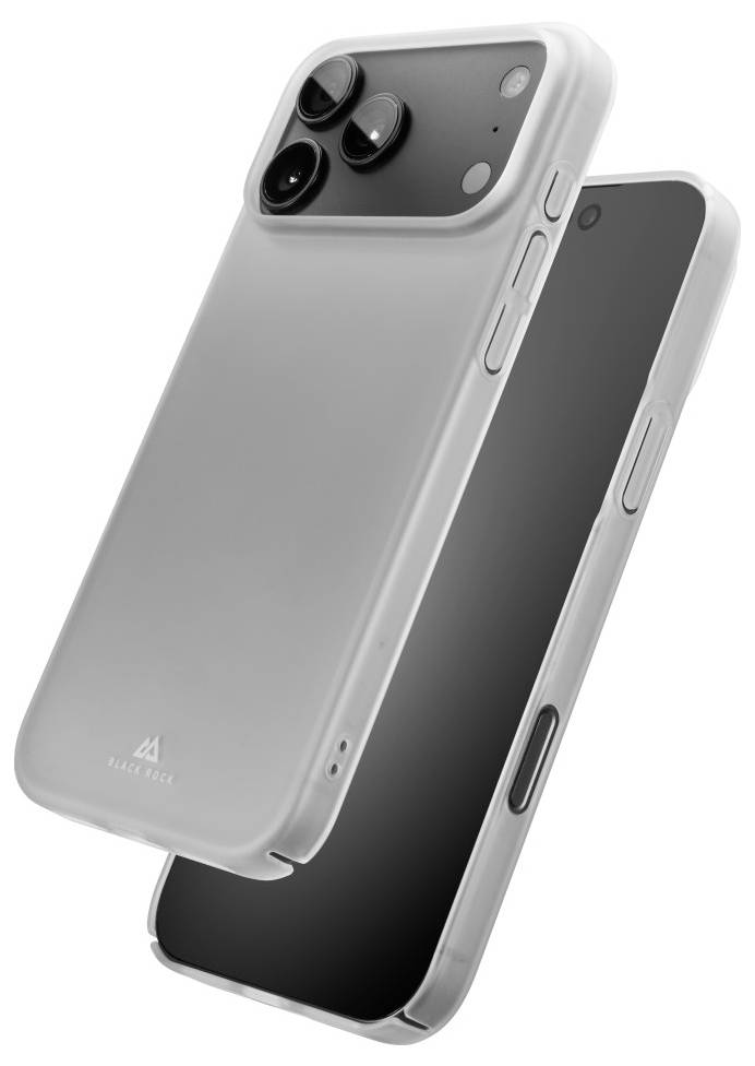 Zwei silberne Smartphones in schräger Ansicht gezeigt, eines von hinten und eines von vorne, mit dreifacher Rückkamera und einer Seitentaste.