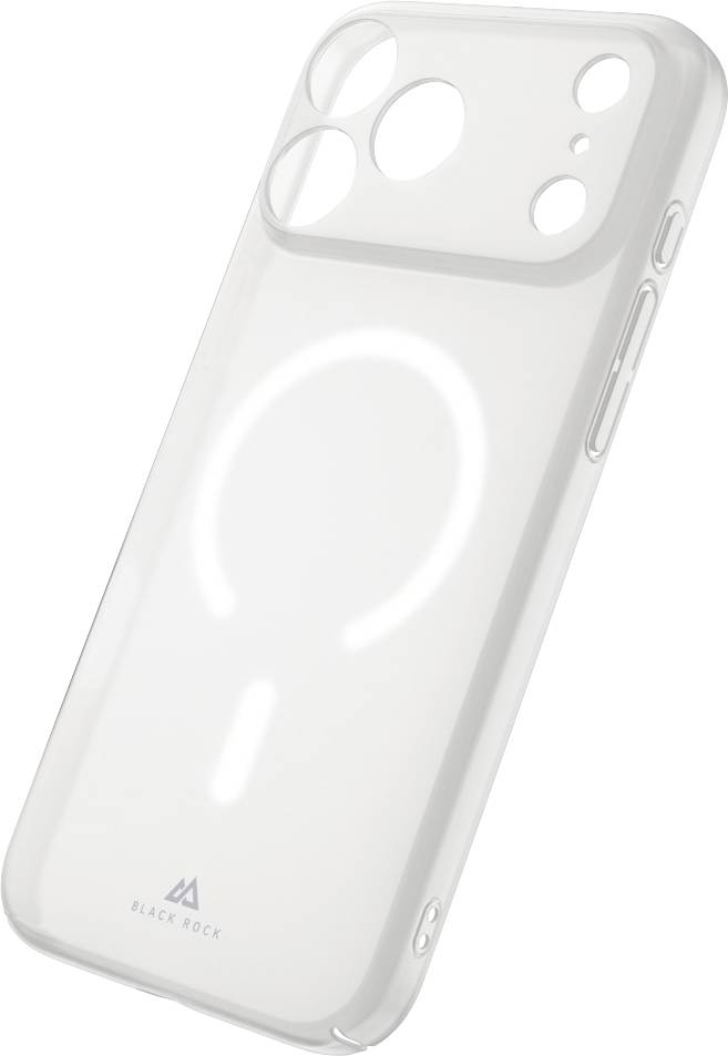 Durchsichtige Handyhülle aus klarem Material mit erhöhten Aussparungen für die Kamera und Abdeckungen für die seitlichen Tasten, auf der Rückseite eine kreisförmige Ausrichtungsmarkierung im MagSafe-Stil.