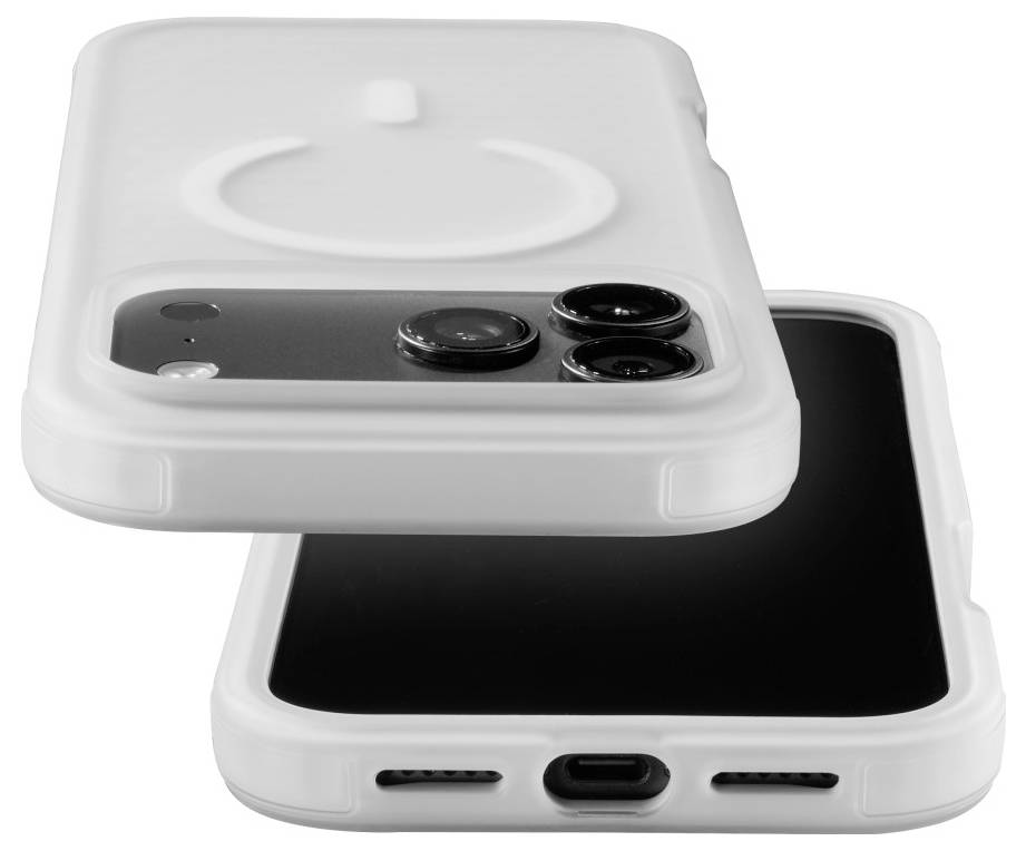 Zwei weiße Schutzfälle für Smartphones, einer offen mit schwarzem Inneren und einer mit Ausschnitten für die hintere Kamera und einem erhabenen, kreisförmigen Griffdesign.