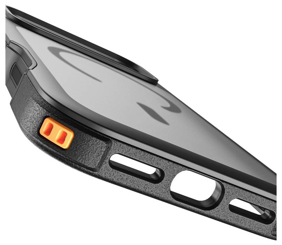 Nahaufnahme einer robusten Smartphone-Schutzhülle mit orangener Taste und Ausschnitten für Seitentasten und Anschlüsse auf einem grauen Telefon
