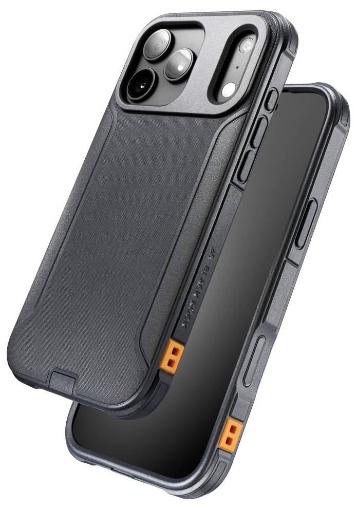Zwei schwarze robuste Smartphone-Hüllen gestapelt, mit erhabenerem Kamerasschutz und Seitentasten, für Fallschutz.