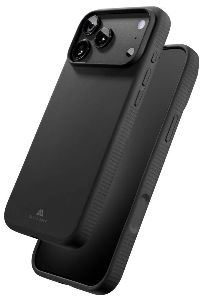 Schwarze Smartphone-Hülle mit erhöhtem dreifachem Kameraausschnitt, von vorne und hinten auf weißem Hintergrund gezeigt.