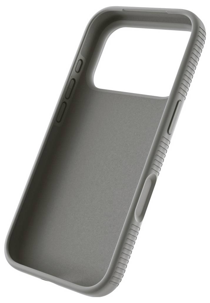 Grauer Schutz-Smartphone case mit erhabenen Kanten, seitlichen Tasten-Ausschnitten und offener Rückseite