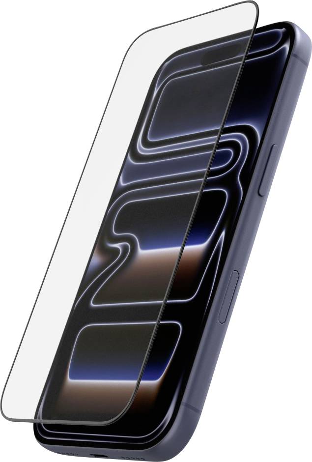Smartphone mit einer durchsichtigen Displayschutzfolie, die teilweise über dem Display angebracht ist und einen blauen und braunen abstrakten Bildschirm auf weißem Hintergrund zeigt.