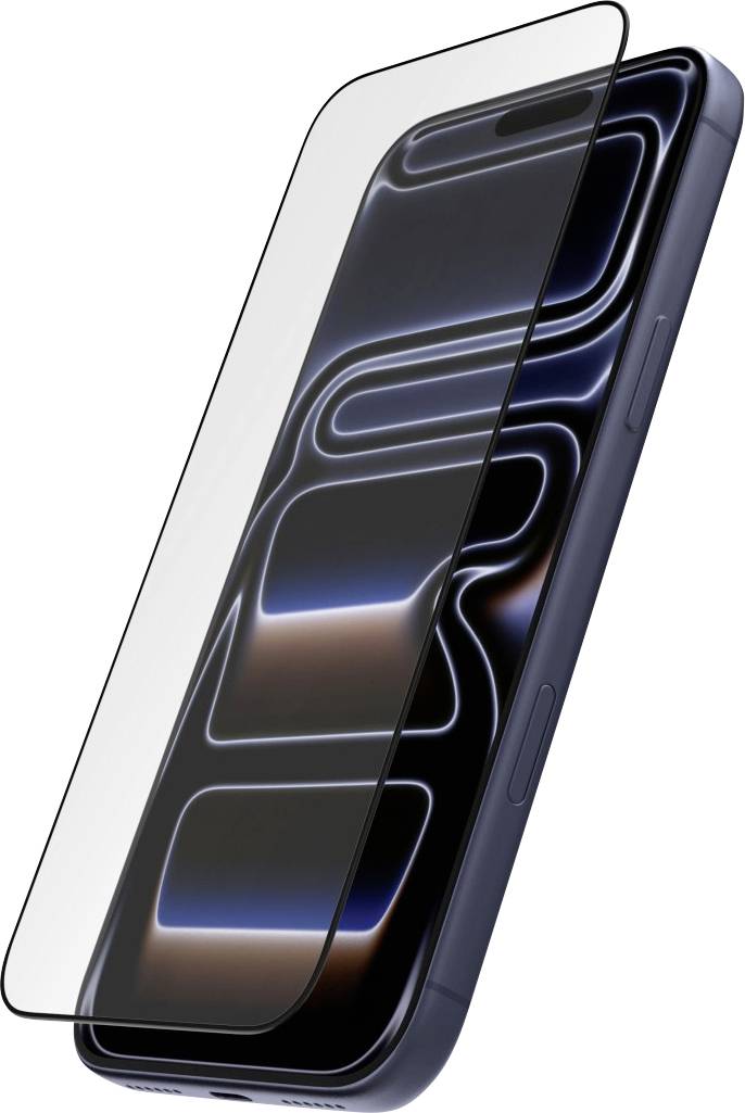 Ein dunkelblauer Smartphone wird in einem Winkel gezeigt, wobei eine transparente Displayschutzfolie teilweise die Anzeige abdeckt.