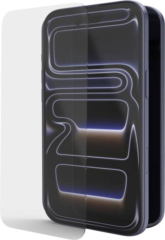 Ein schwarzes Smartphone, das halb von einer transparenten Schutzhülle verdeckt ist, wobei seine glänzende Vorderseite und sein Seitenprofil hervorgehoben werden.